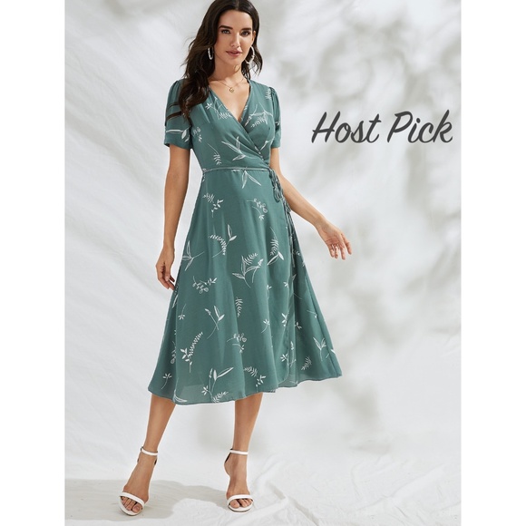 Rouge! Dresses & Skirts - Leaf Print Green Wrap Midi Dress